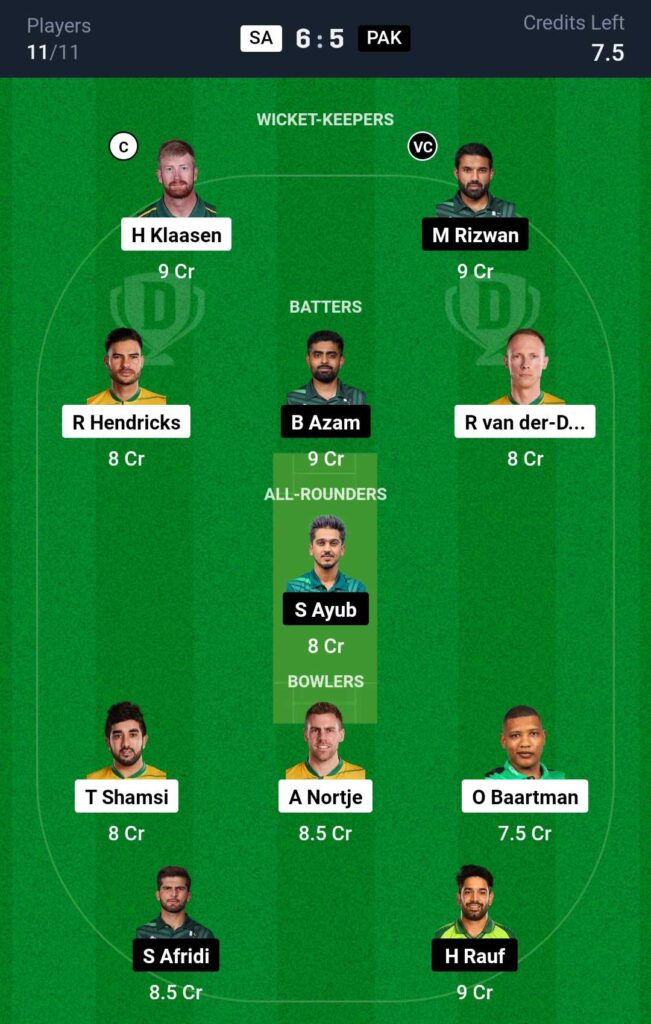SA vs PAK Dream11 Prediction 1st T20I