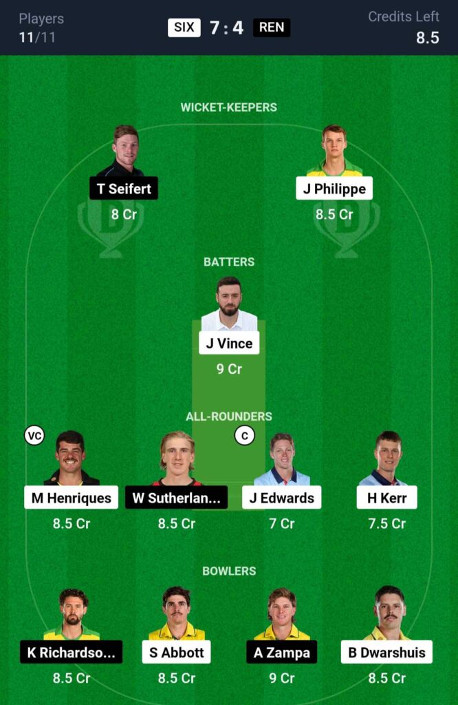 SIX vs REN Dream11 Team Prediction