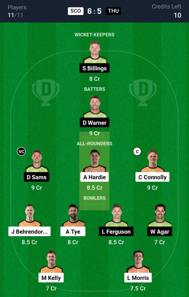 SCO vs THU Dream11 Team Prediction BBL