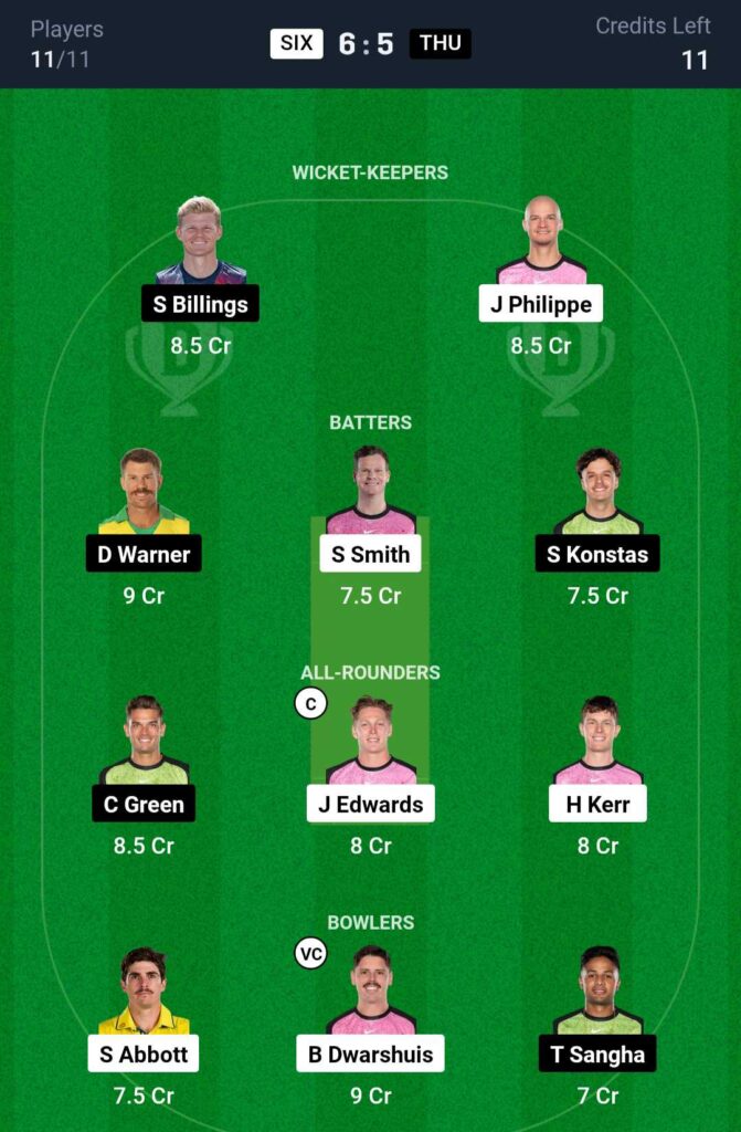 SIX vs THU Dream11 Team Prediction BBL