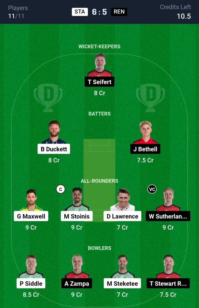 STA vs REN Dream11 Team Prediction BBL