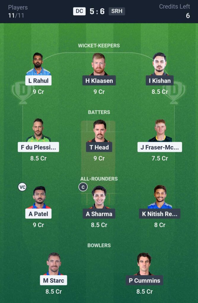 DC vs SRH Dream11 Prediction