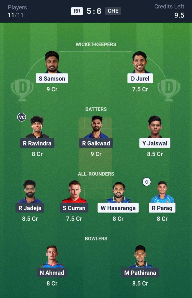 RR vs CHE Dream11 Prediction