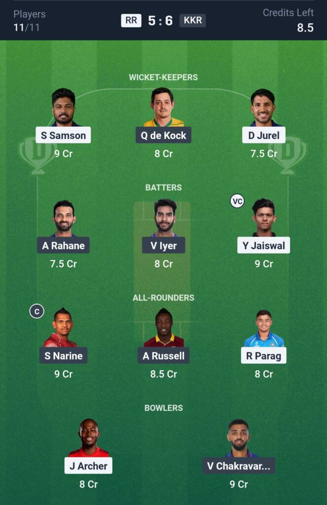 RR vs KKR Dream11 Team Prediction
