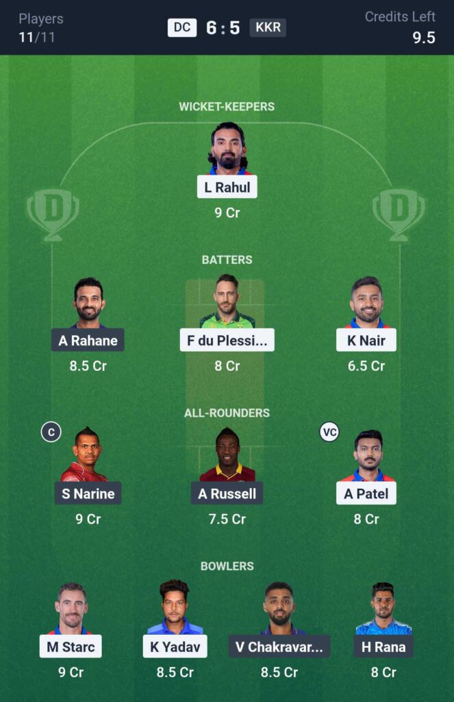 DC vs KKR Dream11 Team Prediction