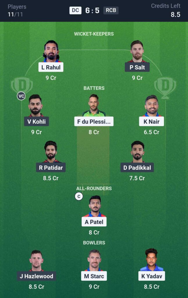 DC vs RCB Dream11 Team