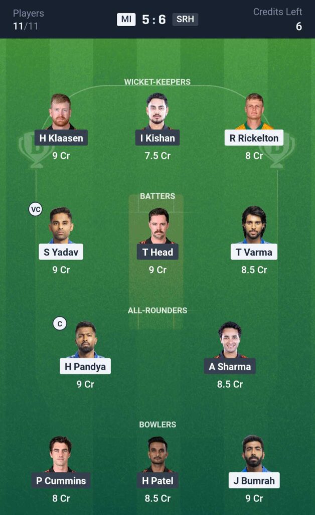 MI vs SRH Dream11 Prediction