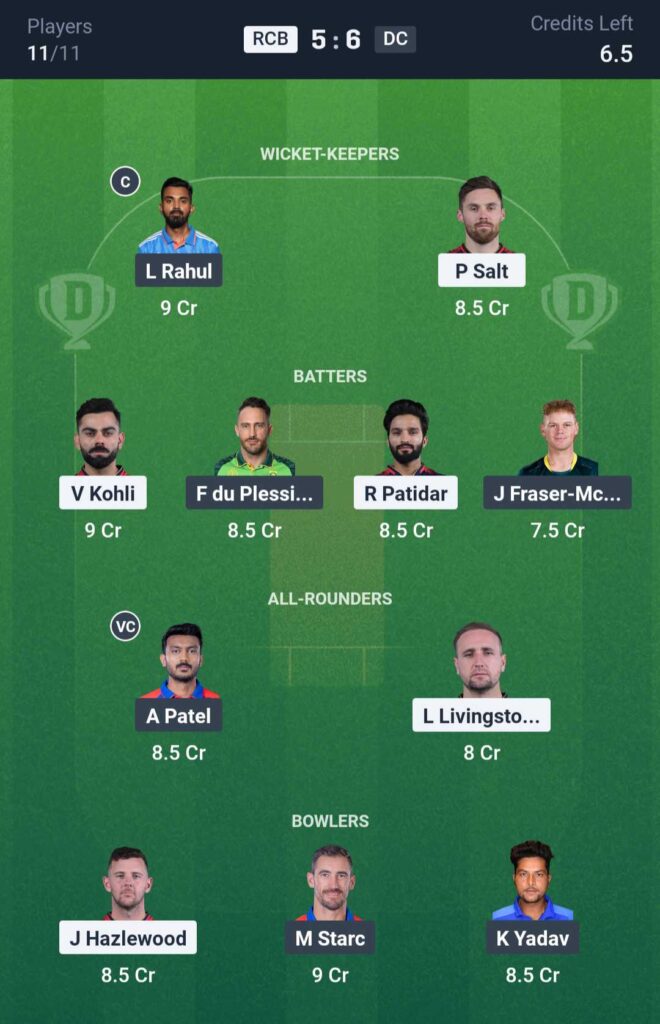 RCB vs DC Dream11 Prediction