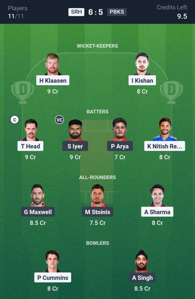 SRH vs PBKS Dream11 Prediction