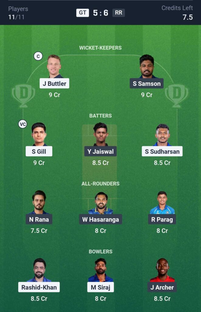 GT vs RR Dream11 Team Prediction