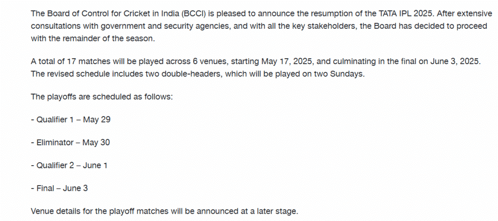 IPL 2025 New Schedule