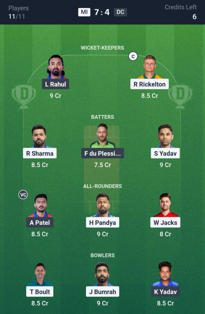 MI vs DC Dream11 Prediction