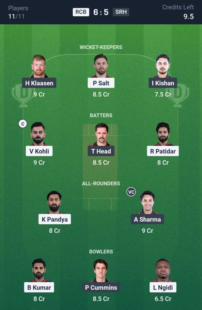 RCB vs SRH Dream11 Prediction
