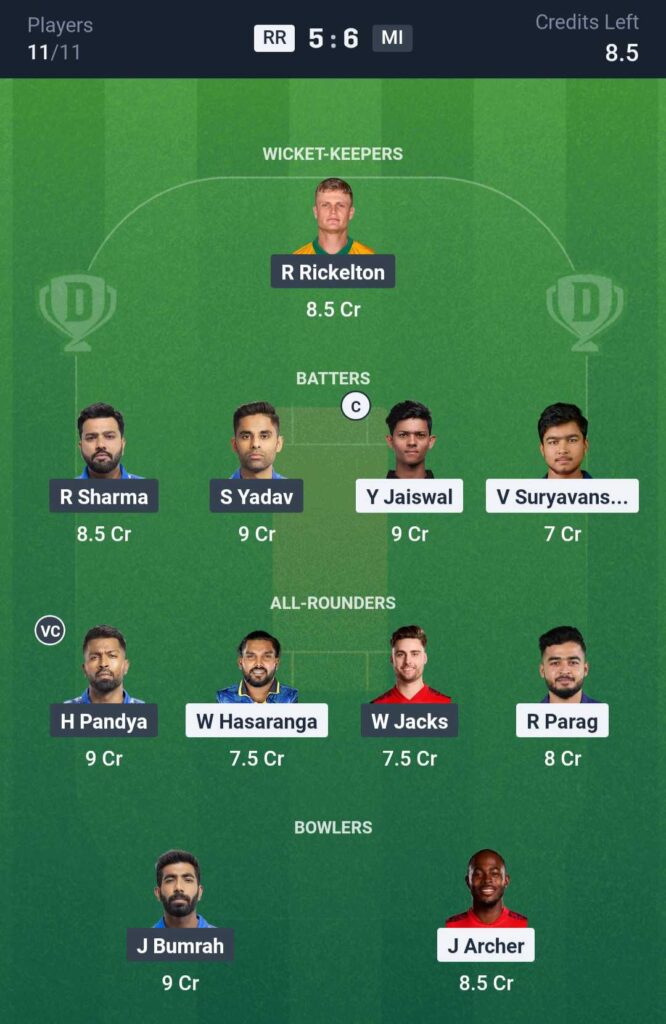 RR vs MI Dream11 Prediction