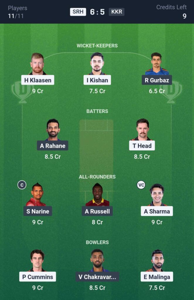 SRH vs KKR Dream11 Prediction