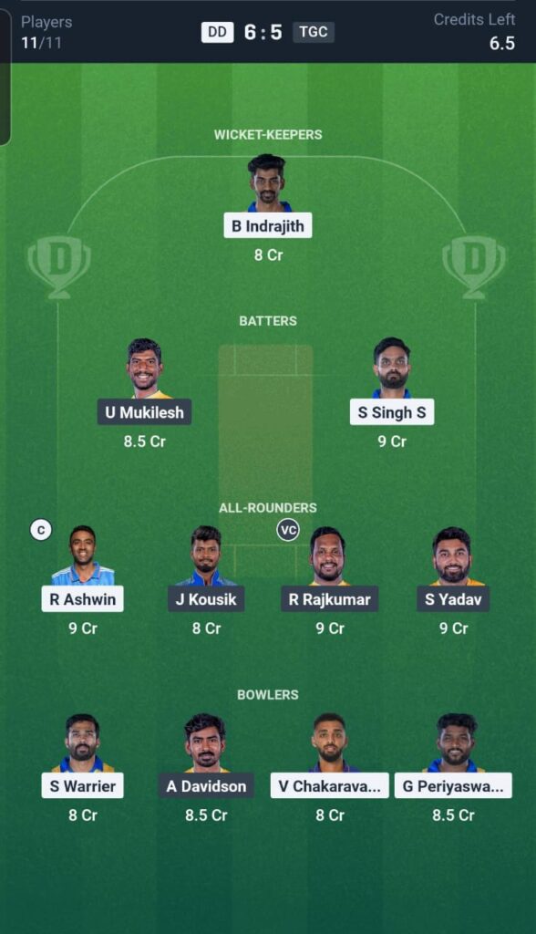 DD vs TGC Dream11 Team