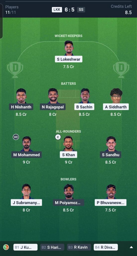 LKK vs SS Dream11 Team