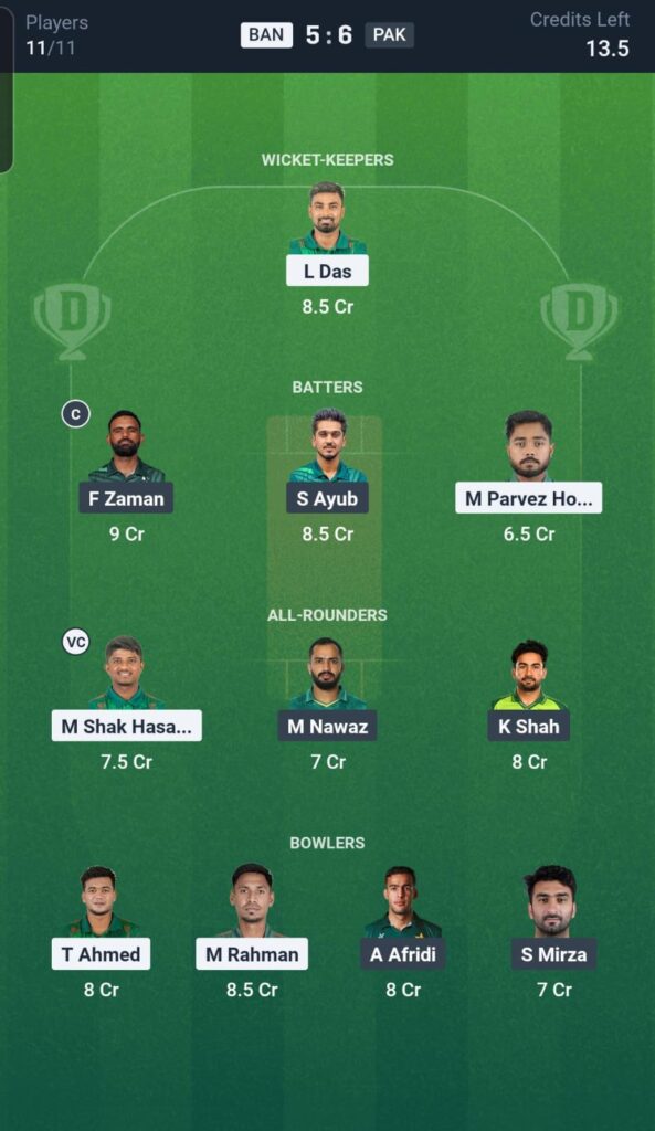 BAN vs PAK Dream11 Team 2nd T20I