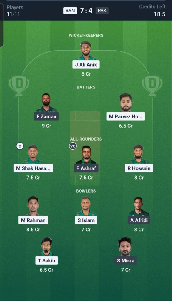 BAN vs PAK Dream11 Team 3rd T20I