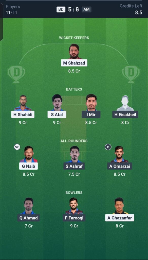 BD vs AM Dream11 Team 19th Match