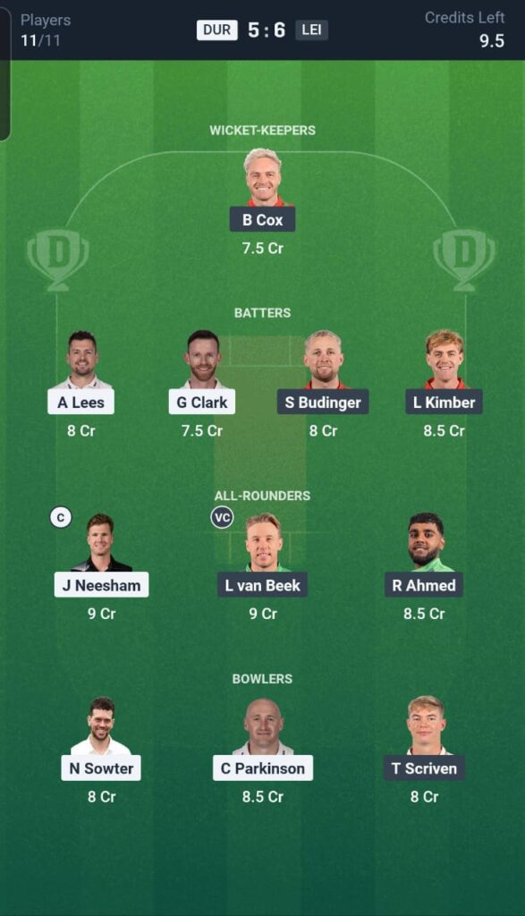 DUR vs LEI Dream11 Team