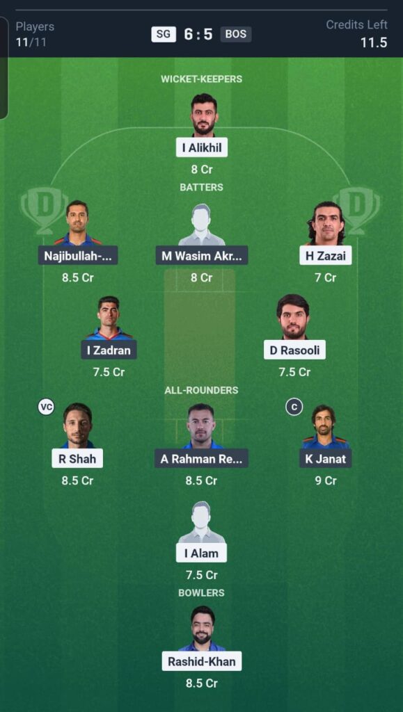 SG vs BOS Dream11 Team 20th Match