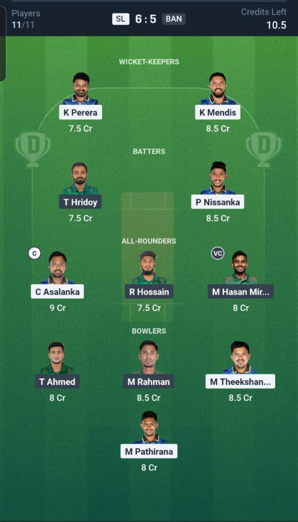 SL vs BAN Dream11 Team 1st T20I