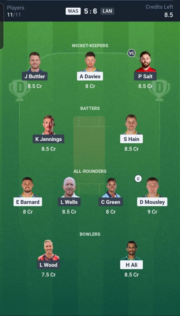 WAS vs LAN Dream11 Team North Group Match