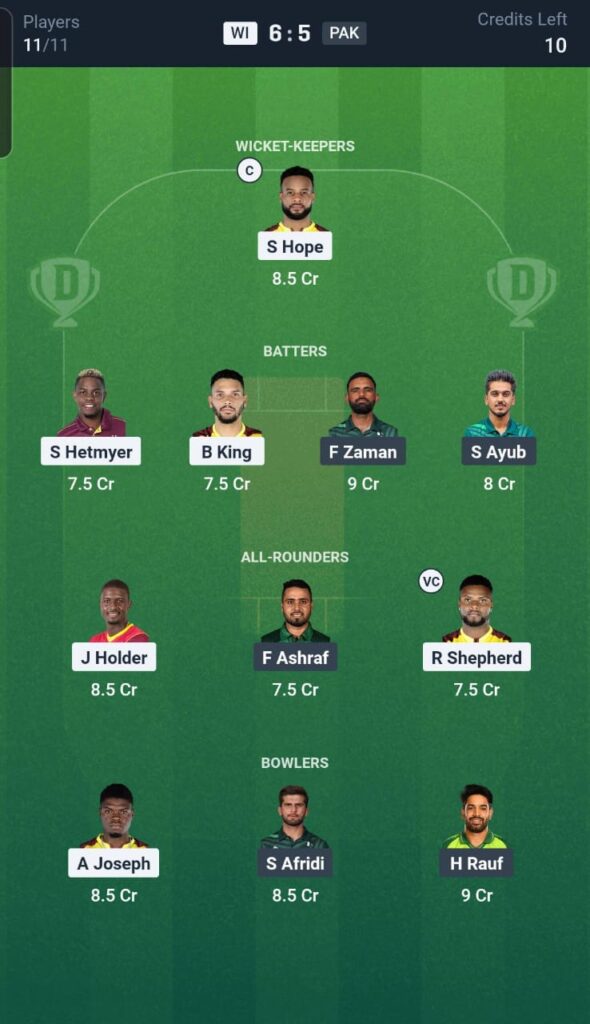 WI vs PAK Dream11 Team 1st T20I