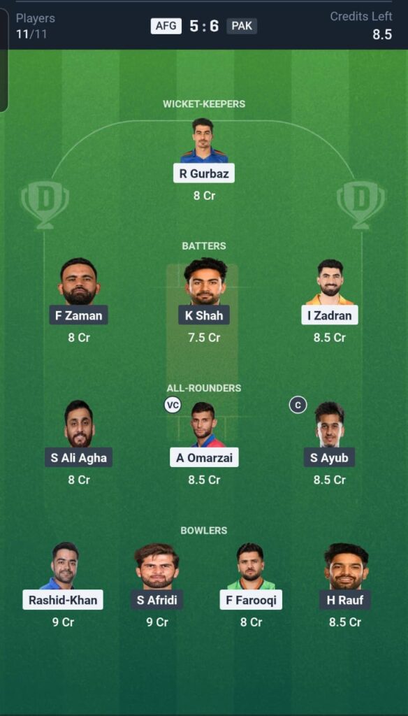 AFG vs PAK Dream11 Team 1st T20I