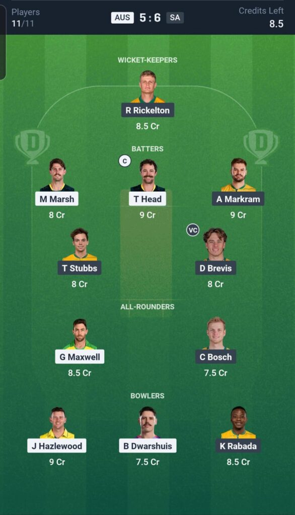 AUS vs SA Dream11 Team 3rd T20I