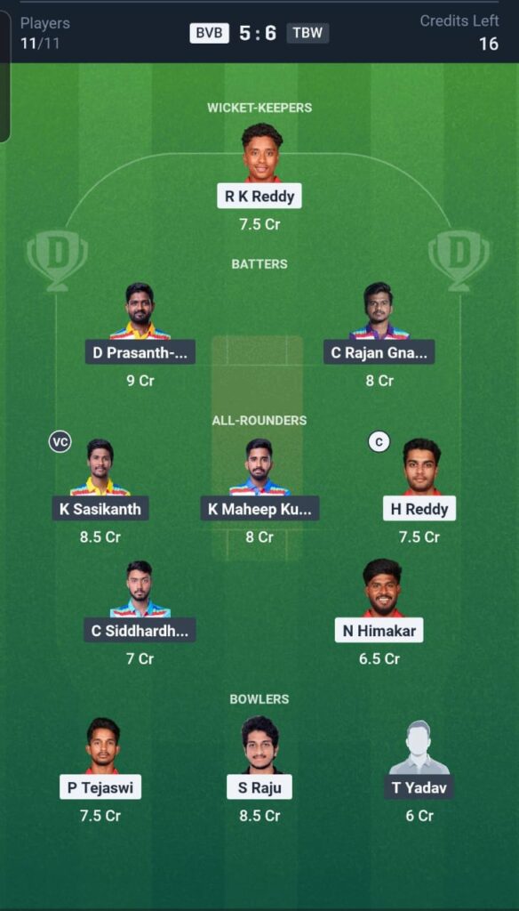 BVB vs TBW Dream11 Team 13th Match