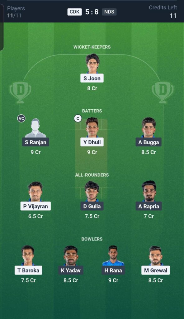 CDK vs NDS Dream11 Team 24th Match