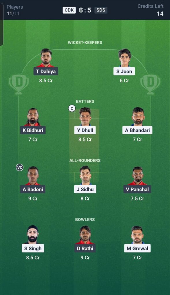 CDK vs SDS Dream11 Team 11th Match