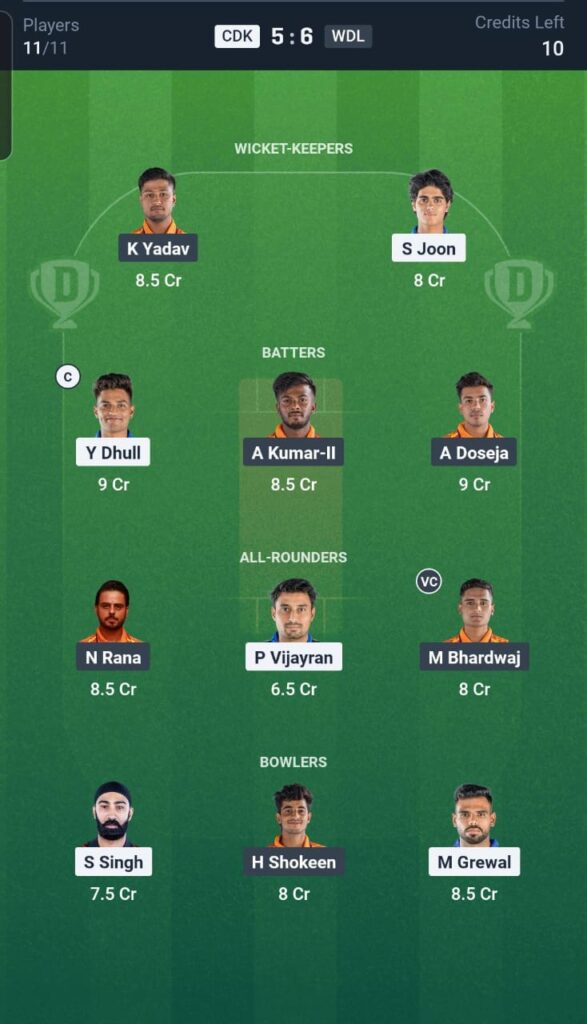 CDK vs WDL Dream11 Team 29th Match