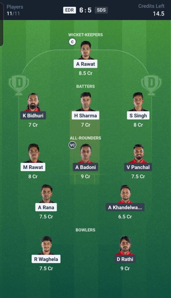 EDR vs SDS Dream11 Team 15th Match