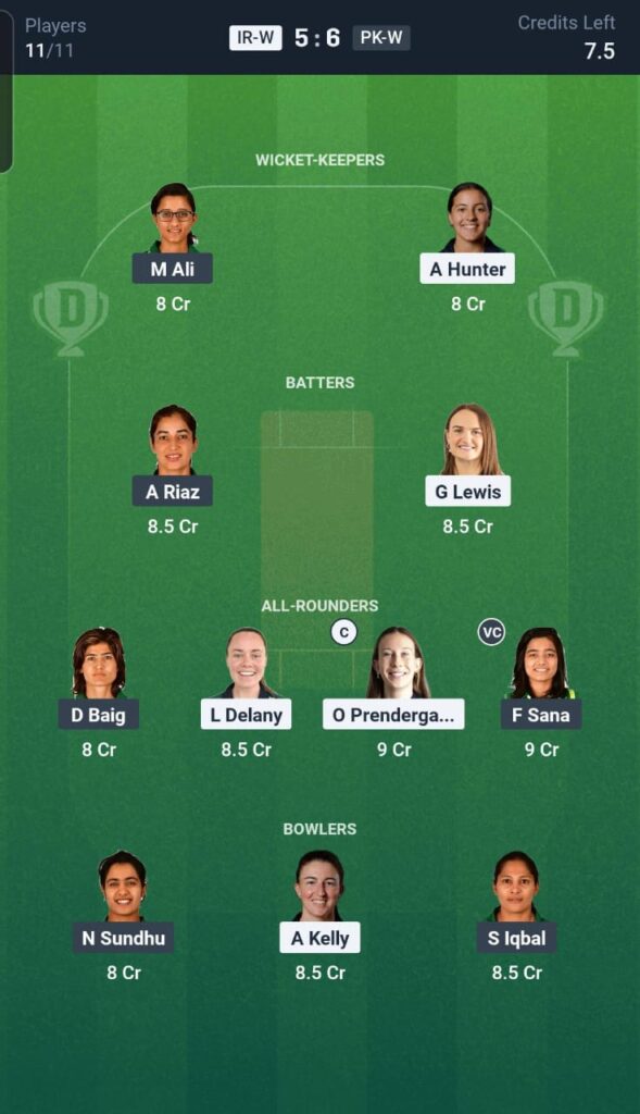 IR-W vs PK-W Dream11 Team 1st T20I