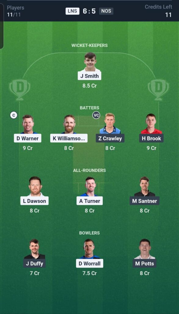 LNS vs NOS Dream11 Team 22nd Match