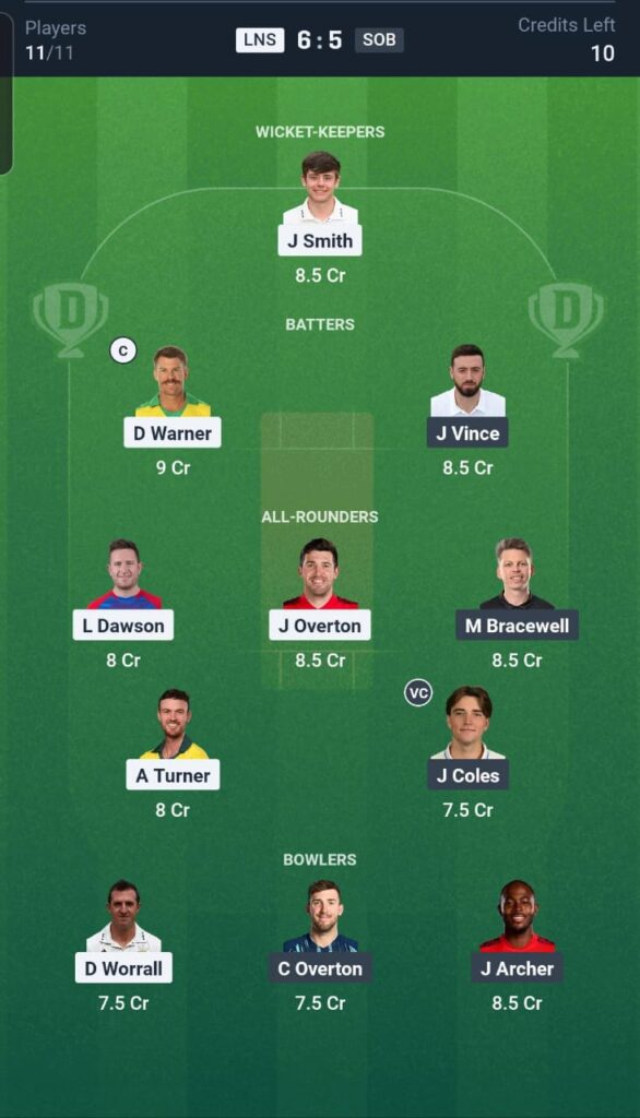 LNS vs SOB Dream11 Team 26th Match