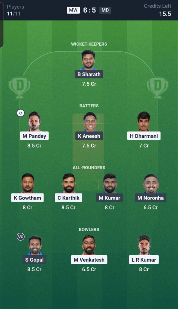 MW vs MD Dream11 Team 7th Match
