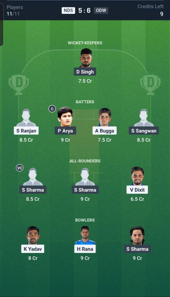 NDS vs ODW Dream11 Team 9th Match