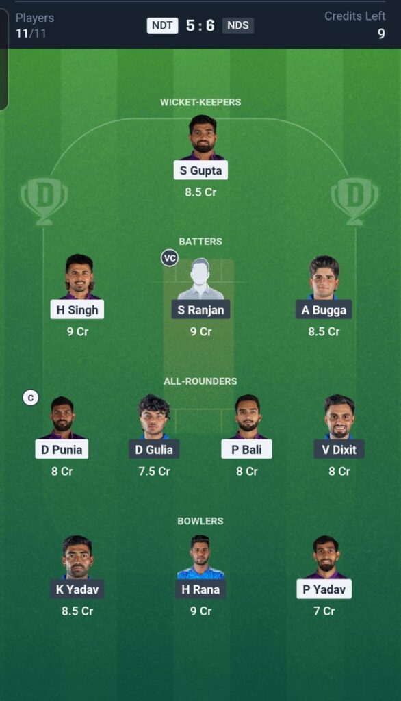 NDT vs NDS Dream11 Team 26th Match