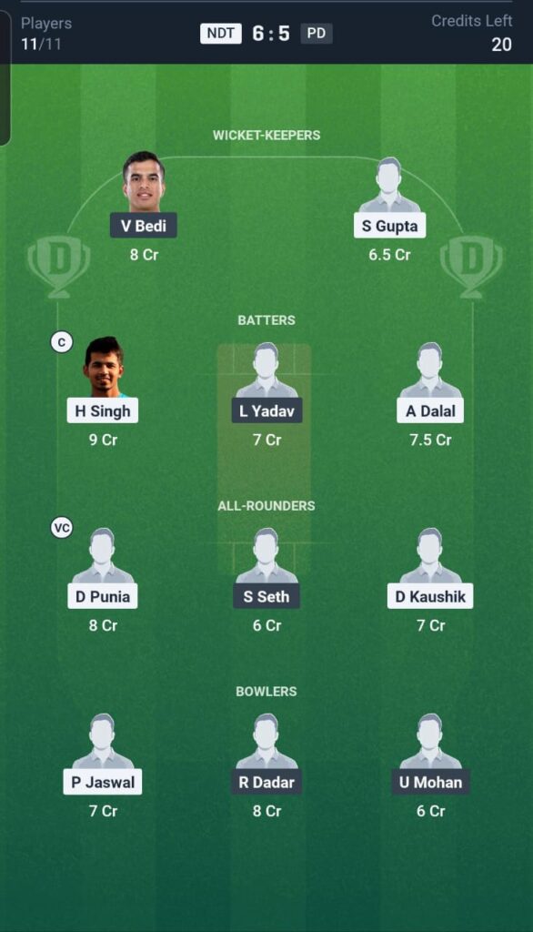 NDT vs PD Dream11 Team 13th Match
