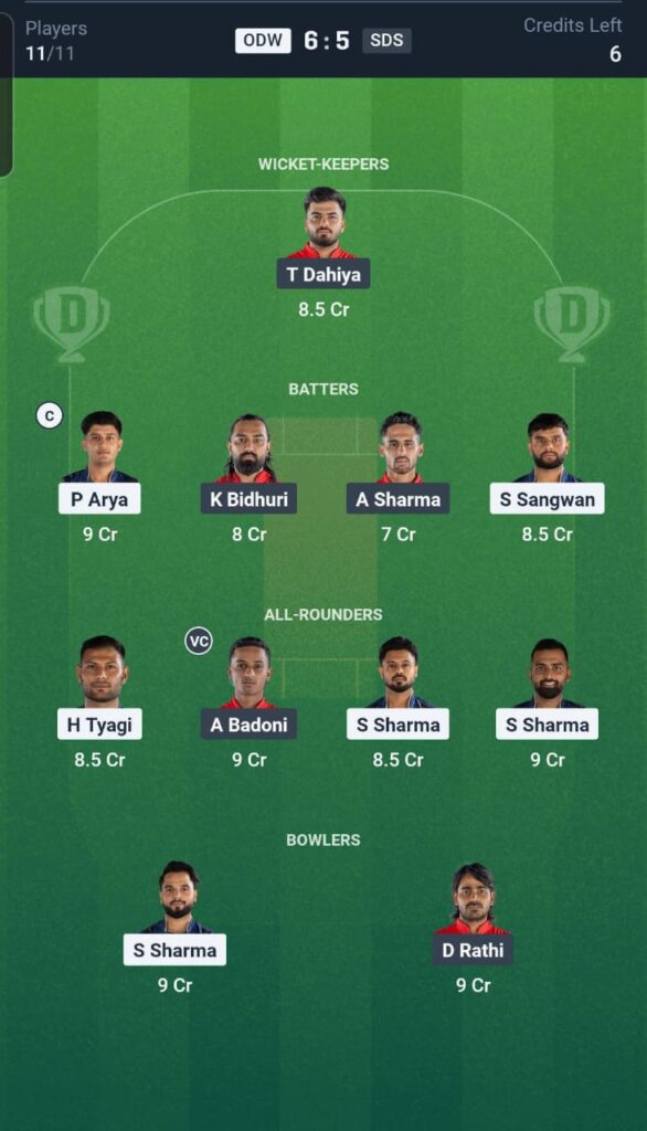 ODW vs SDS Dream11 Team 22nd Match