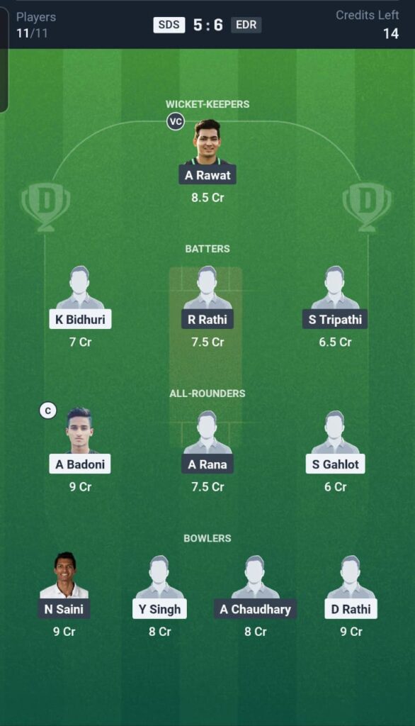 SDS vs EDR Dream11 Team 1st Match