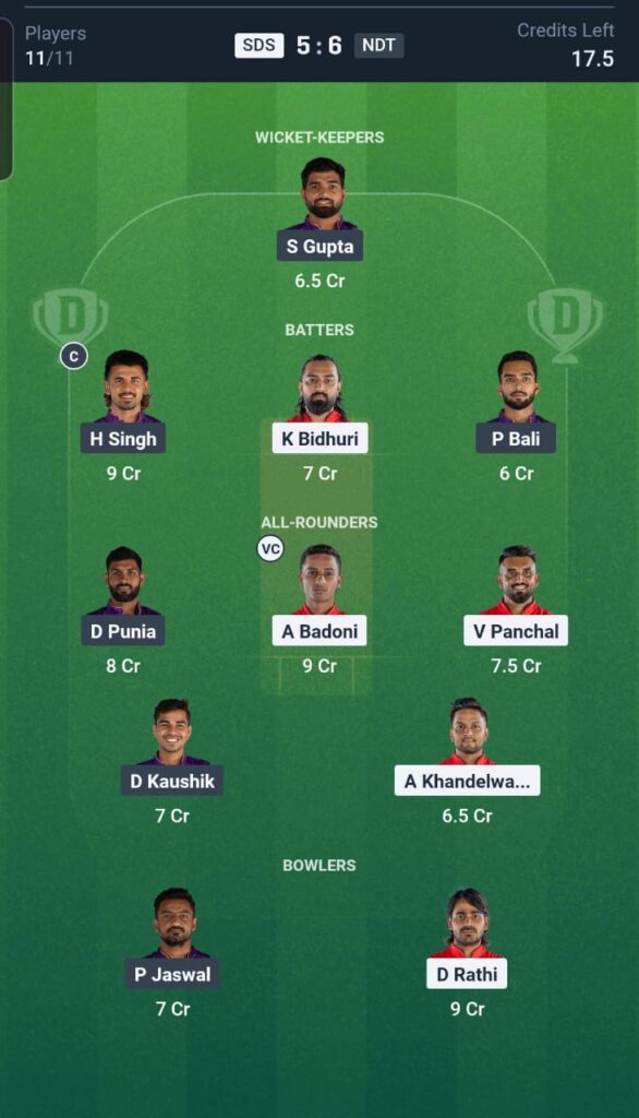 SDS vs NDT Dream11 Team 18th Match
