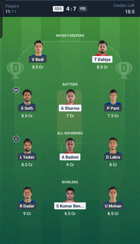 SDS vs PD Dream11 Dream11 Team 25th Match