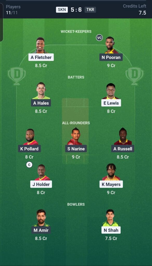 SKN vs TKR Dream11 Team 4th Match