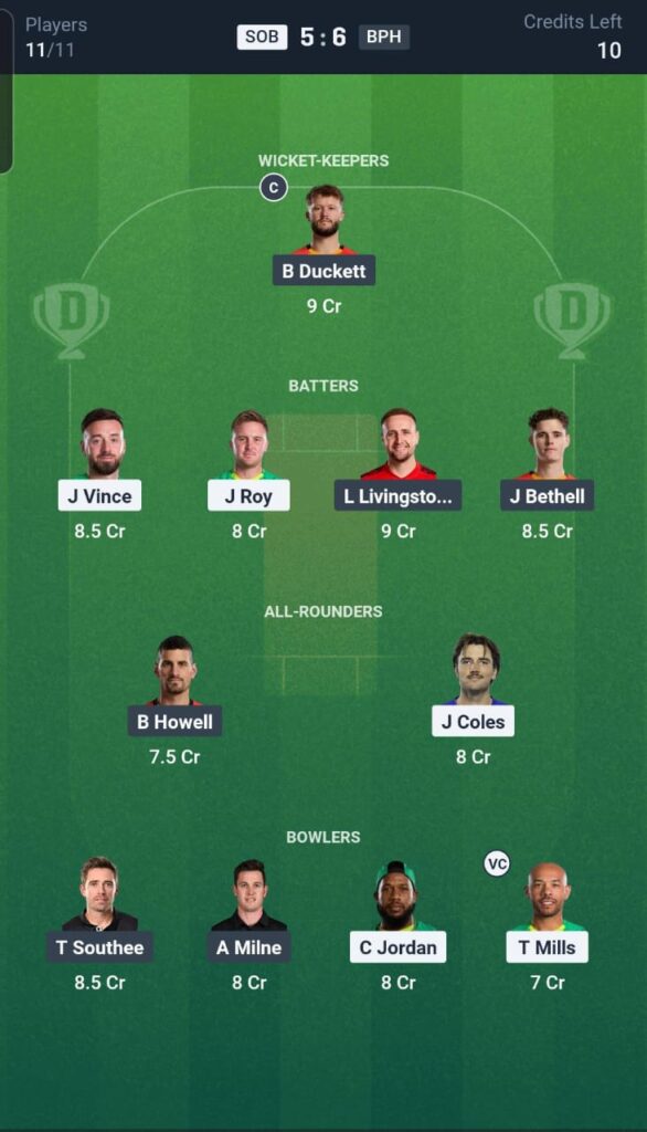 SOB vs BPH Dream11 Team 7th Match