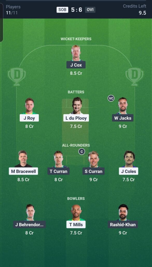 SOB vs OVI Dream11 Team 19th Match